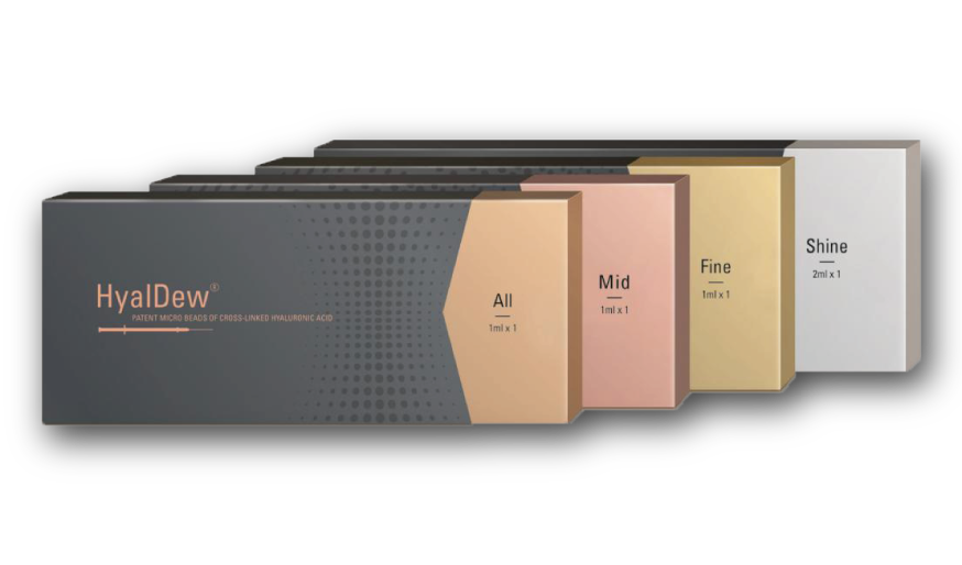 HyalDew ALL, MID, FINE ve Shine ürün kutuları