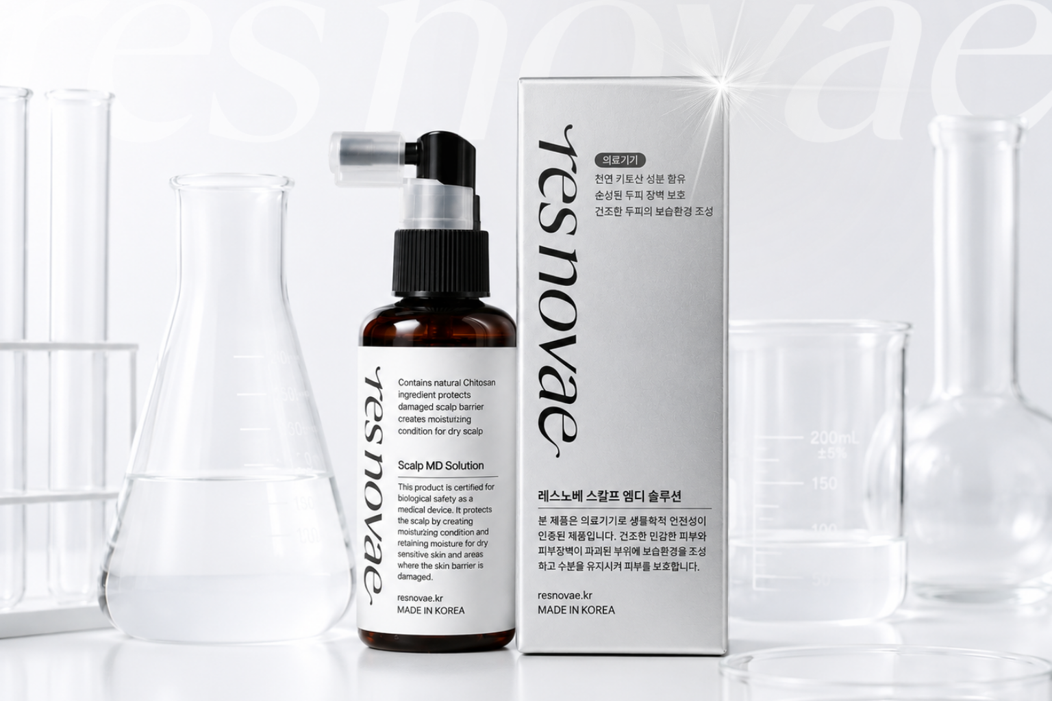 Resnovae Scalp MD sprey şişesi ve kutusu
